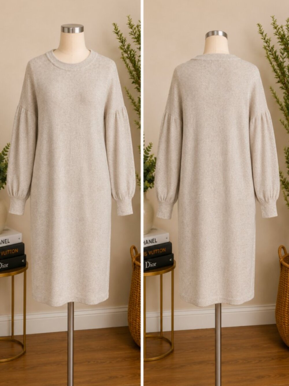 VERO MODA CURVE Sweater Dress Women 2X Oatmeal Balloon Sleeve Knee Length NWOT